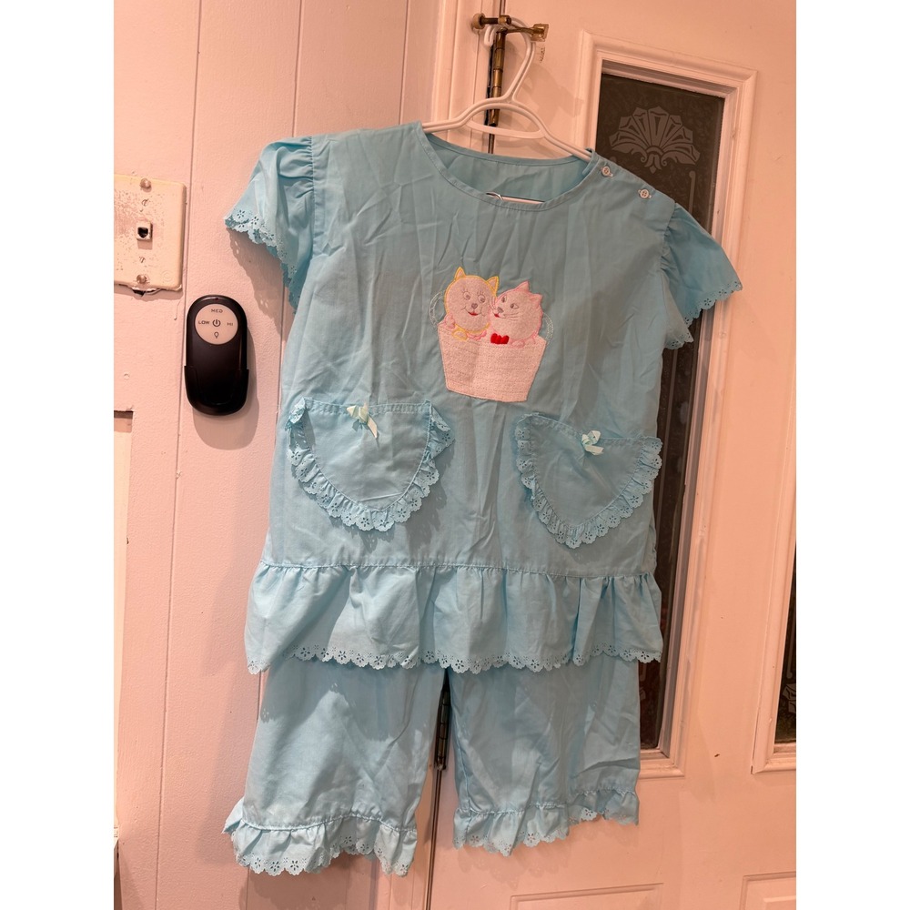 Vintage Blue Cat Embroidered Pajama Set Eyelet Lace Heart Pockets Ruffle Trim